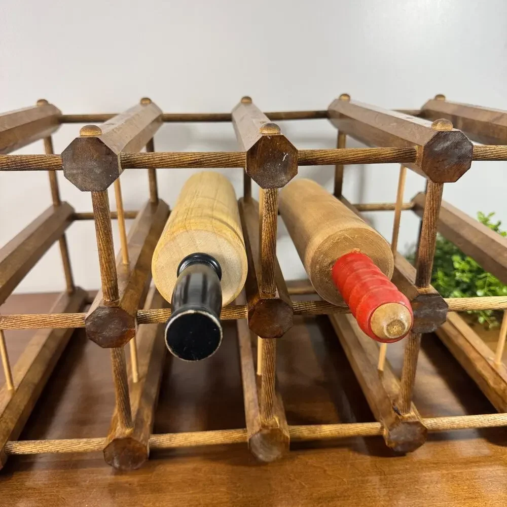 Vintage Mid Century Modern Wood Wine Rack Wooden Rolling Pin Display Holder